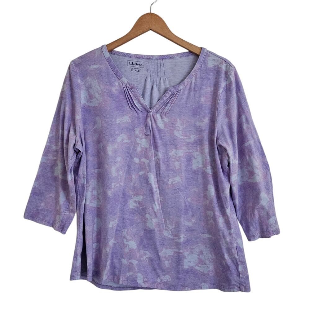 L.L. Bean Purple Organic Cotton Tie Dye V Neck Top Sz XL Boho Casual